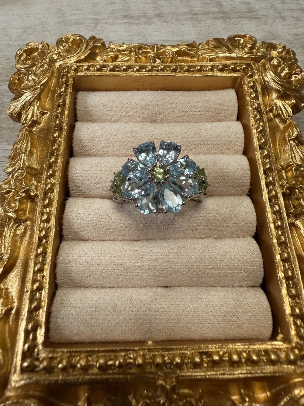 Sterling Silver Aquamarine and Peridot Flower Cluster Ring - Size 6
